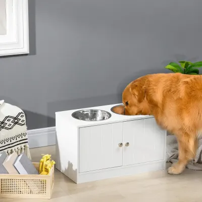 Hundskålar Foderstation Vit av Rostfritt Stål och Trä
