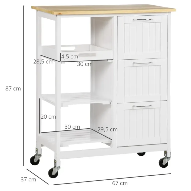 Köksö & Rullbar Serveringsvagn med Lådor Vit 67 x 37 x 84 cm