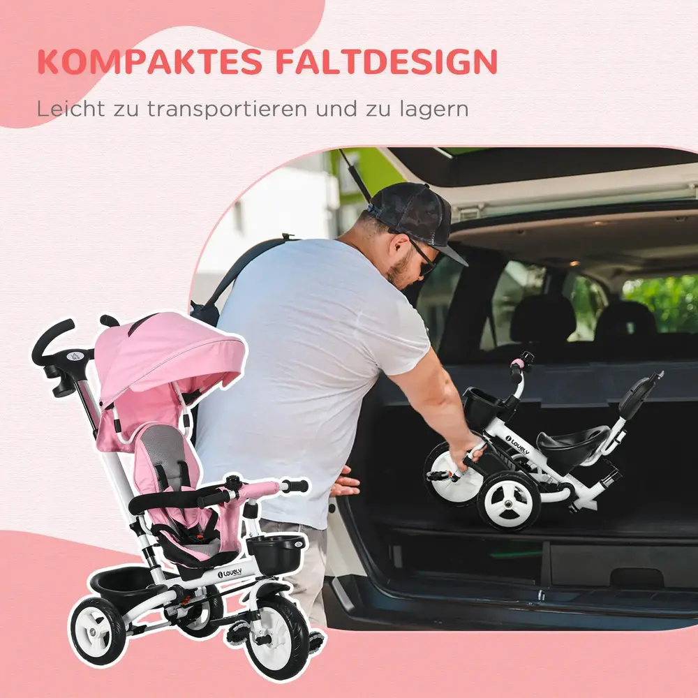 Trehjuling 6-i-1 med Föräldrahandtag, Rosa