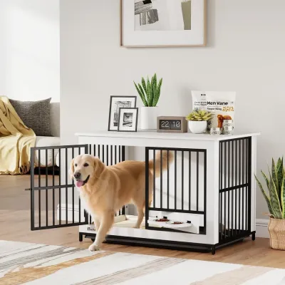 Stor Hundbur med Vridbar Skålhållare, Vit