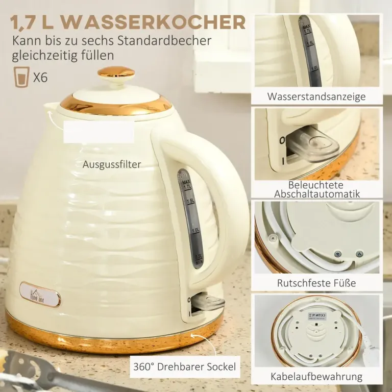 2-i-1 Brödrost och Vattenkokare 7 Bryningsnivåer, Beige Skivor Blank