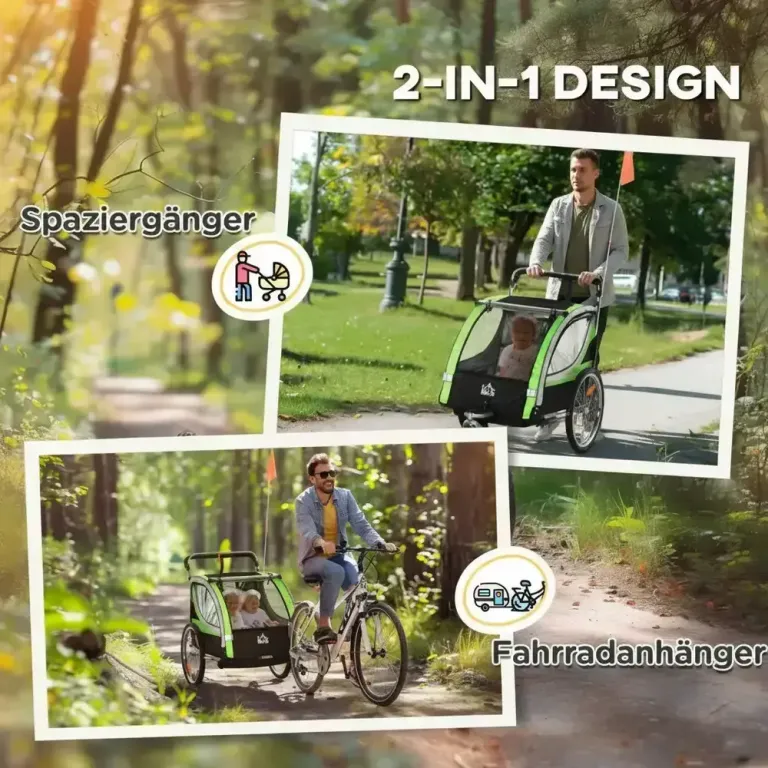 2-i-1 Cykelvagn för 2 Barn Push-Along Funktion Regnskydd Joggingvagn