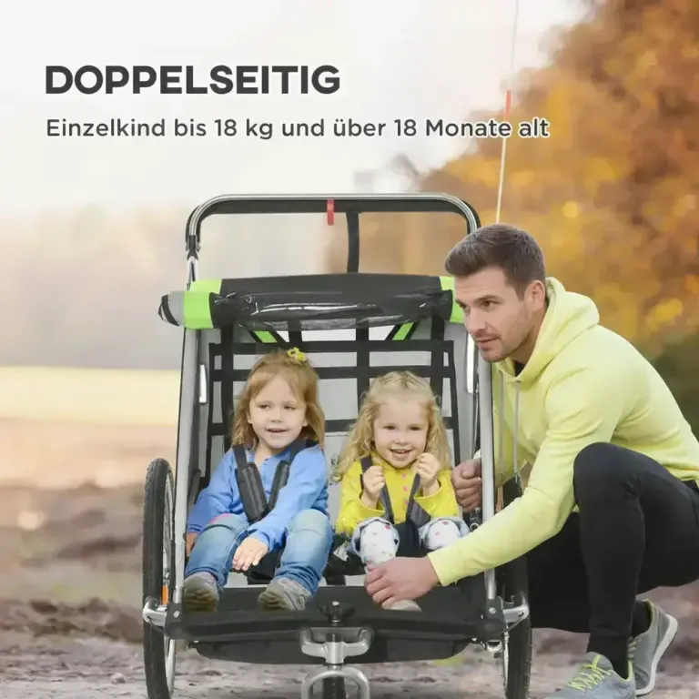 2-i-1 Cykelvagn för 2 Barn Push-Along Funktion Regnskydd Joggingvagn