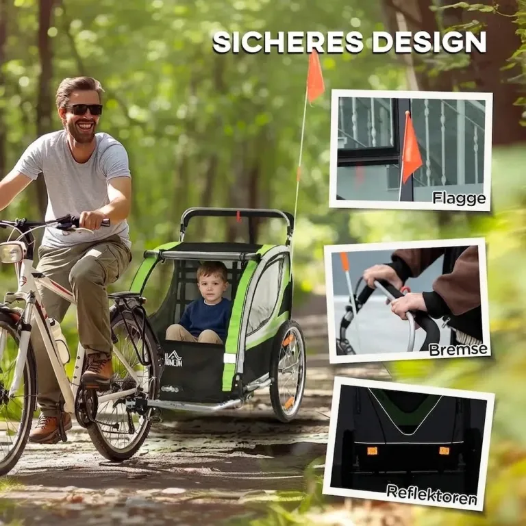 2-i-1 Cykelvagn för 2 Barn Push-Along Funktion Regnskydd Joggingvagn