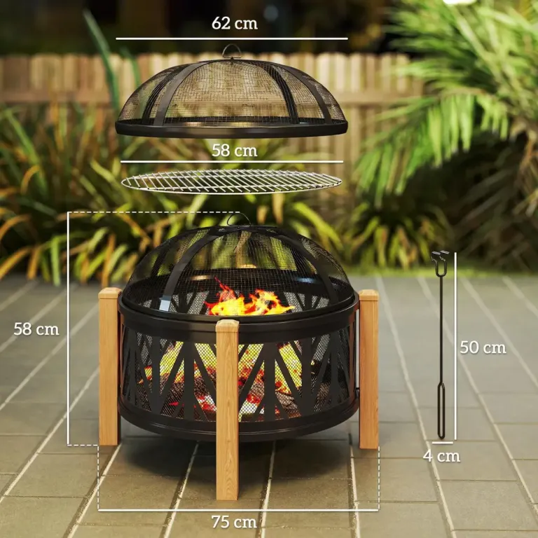 2-i-1 Eldskål med Gnistskydd Poker och Grillgaller Ø75 cm Eldstad