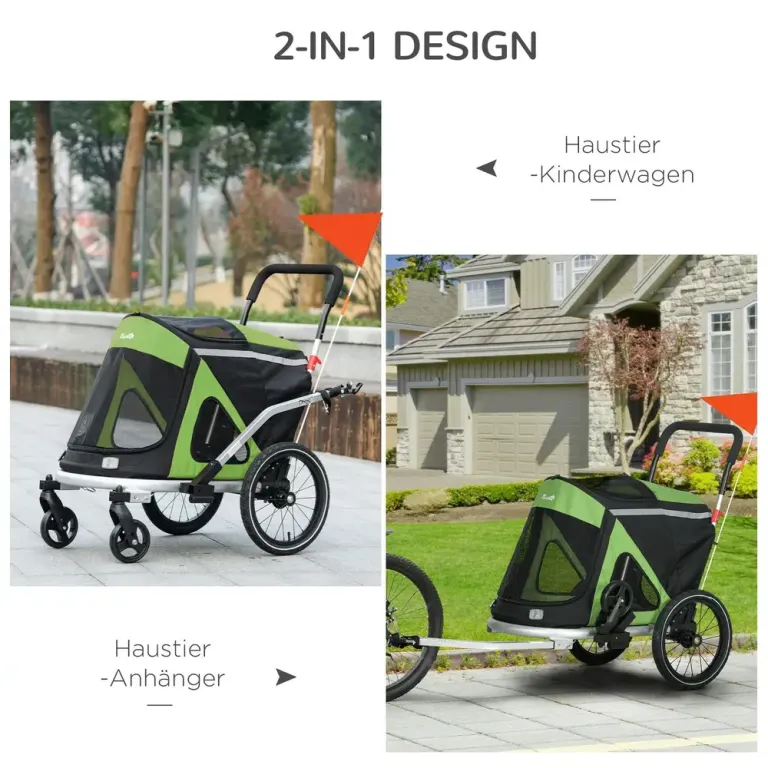 2-i-1 Hundbuggy och Cykelkärra Upp till Hundebuggy Cykelvagn Grön