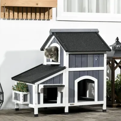 Katthus i Granträ 2 Våningar Utehus för Katter Mysig