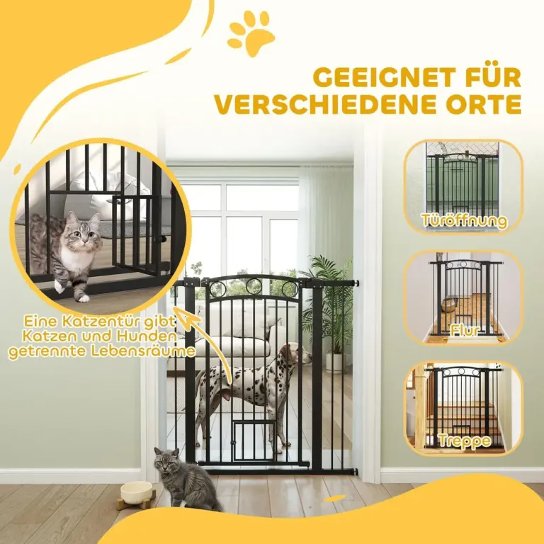 Hundgrind 106 cm med Kattlucka, Svart