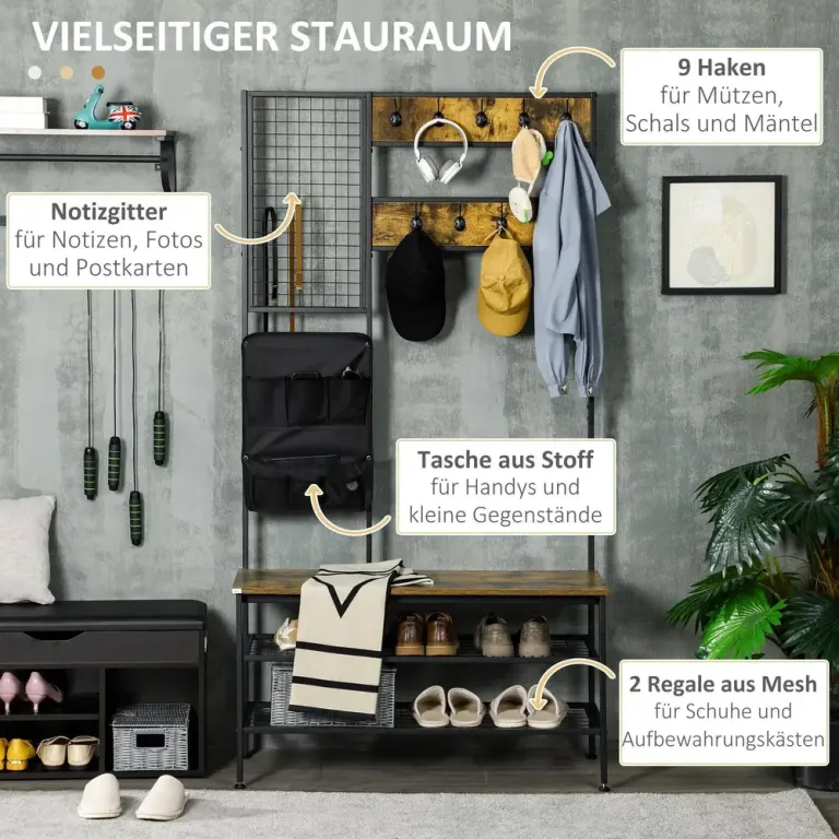 Hallmöbel och Klädhängare med Skobänk Industriell, Brun