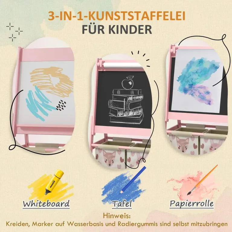 3-i-1 Barnstafli med Pappersrulle Svarta Dubbelsidig Whiteboard Rosa