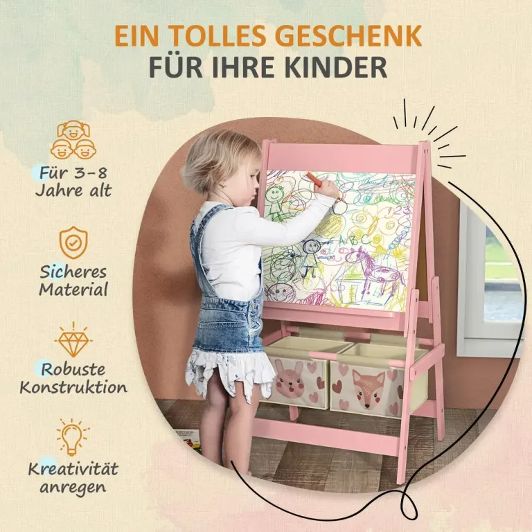 3-i-1 Barnstafli med Pappersrulle Svarta Dubbelsidig Whiteboard Rosa