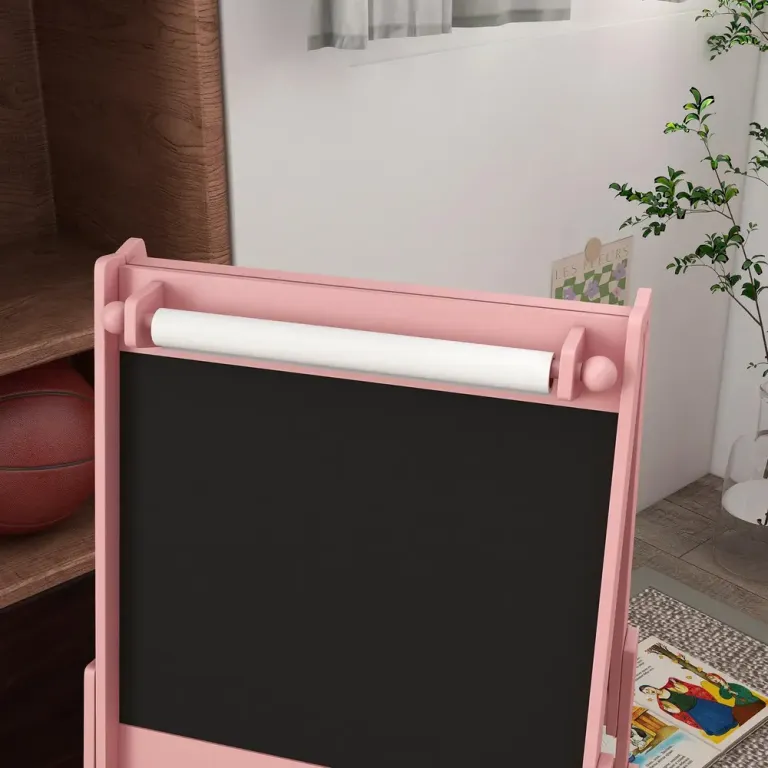 3-i-1 Barnstafli med Pappersrulle Svarta Dubbelsidig Whiteboard Rosa