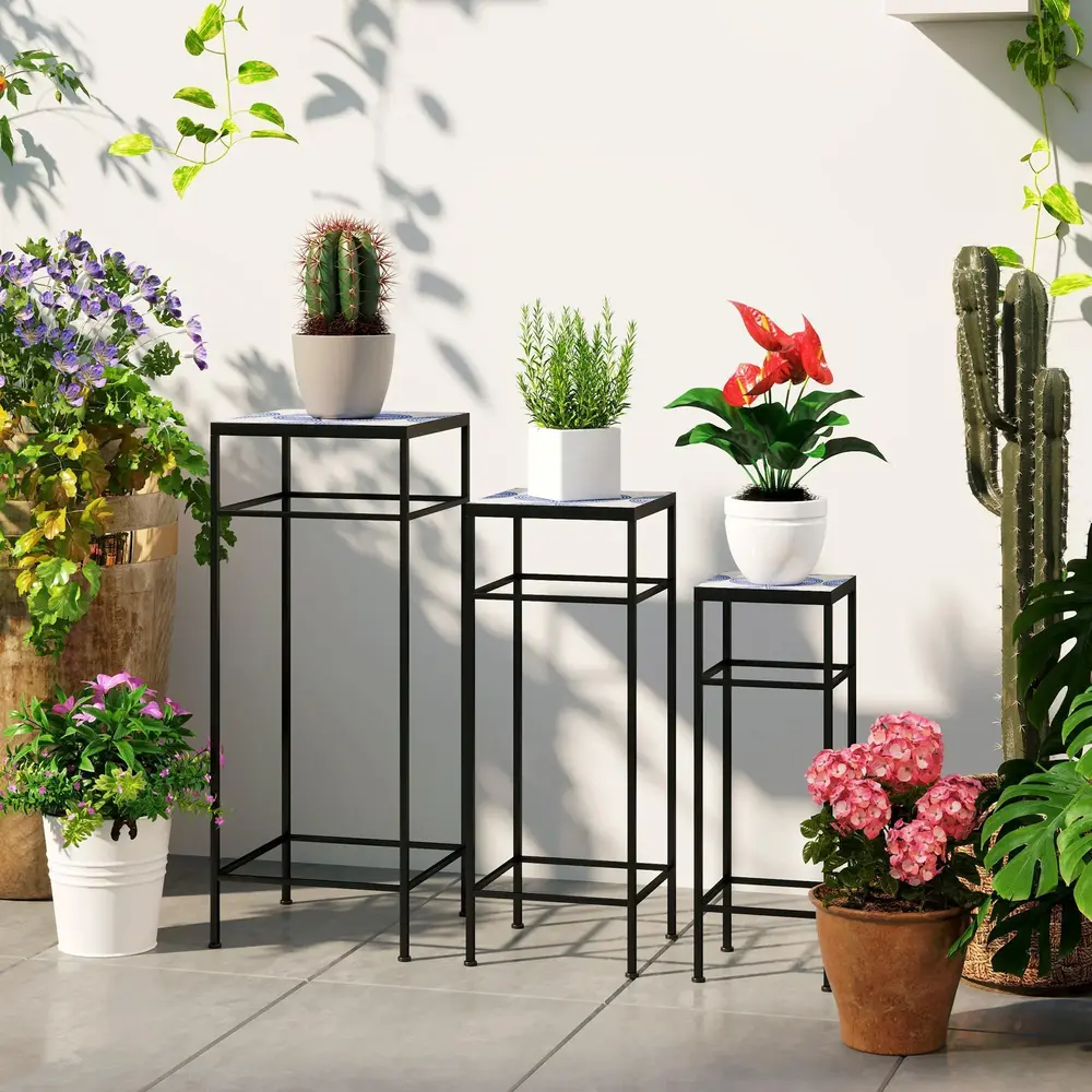 Växtställ Blomsterställ Set 3 Blå Vit av Metall 71 Cm