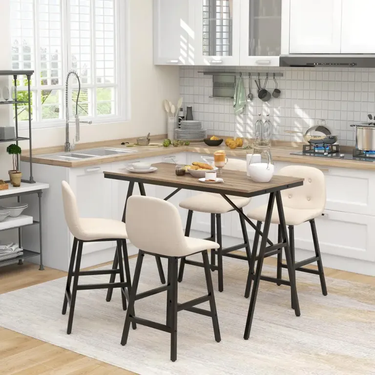 5-Delat Barset 4 Stolar Knappsydd Tjock Klädsel, Beige Barbord