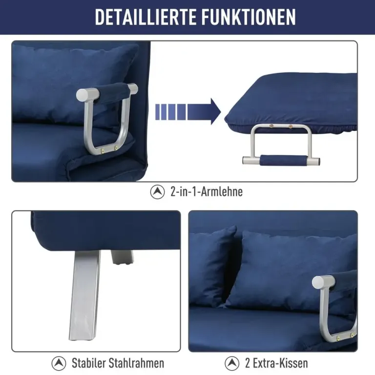 5-Vägs Bäddsoffa i Fuskmocka med Metallram och Kuddar Sits Gästsäng