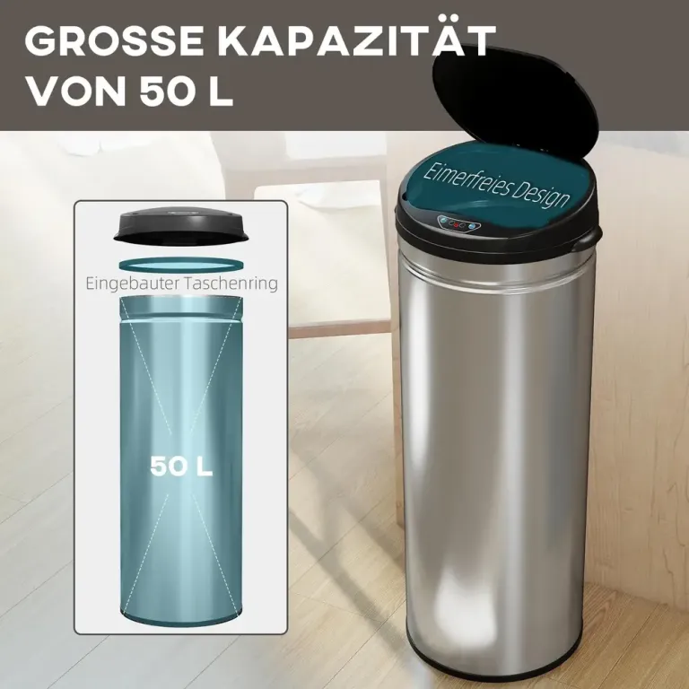 Sensorstyrd Papperskorg 50 l i Rostfritt Stål, Silver Soptunna Lock