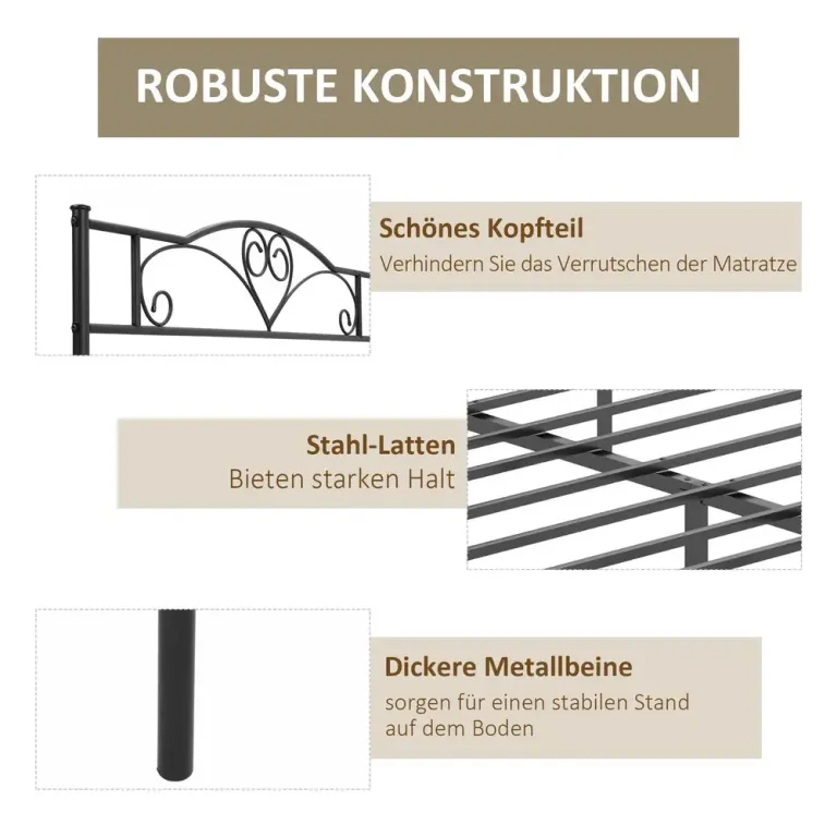 Sängram Svart Metall med Gavel Konstruktion Upp till 300 kg Stomme