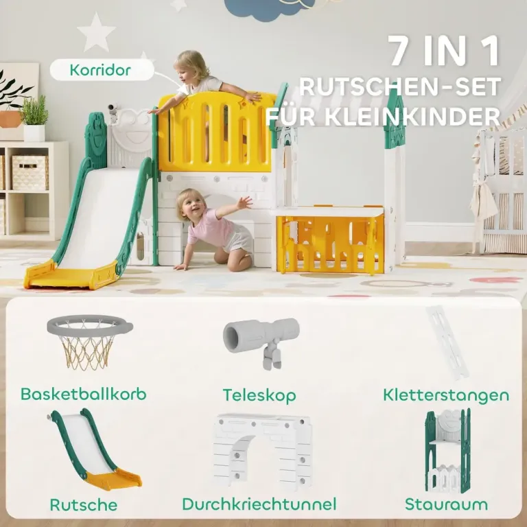 Lekplats Inomhus 7 i 1 Gul och Grön Plast för Barn 1-4 År Lekcenter