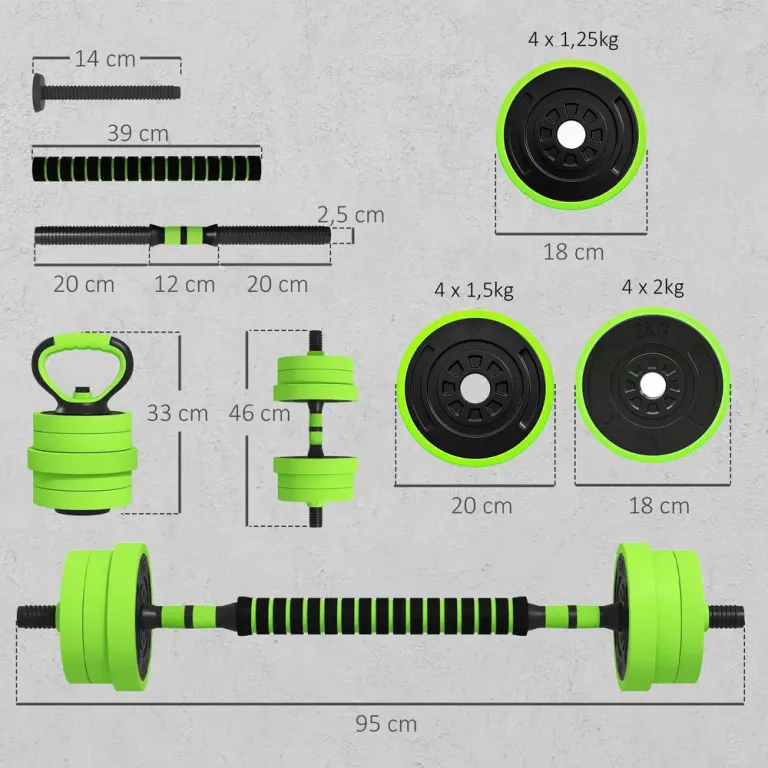 Hantelset 4 i 1 med Skivstång och Kettlebell Justerbar Grön