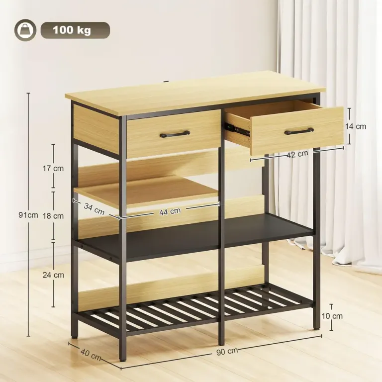 Skänk med Lådor och Hyllplan Natur Trä och Vit 90 cm Sideboard Öppna