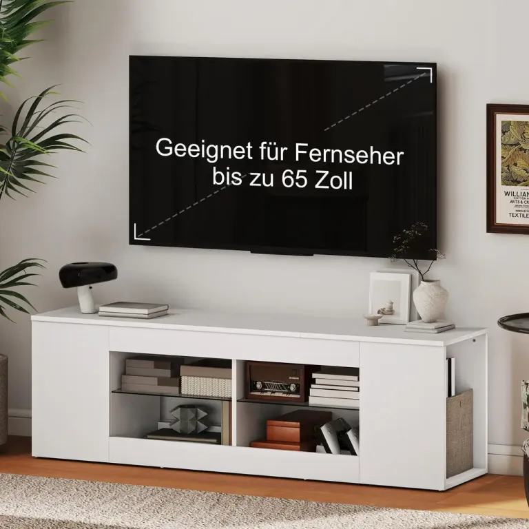 TV-Bänk Vit Spånskiva och Glas Mediamöbel 6 Fack 140 cm Hyllor