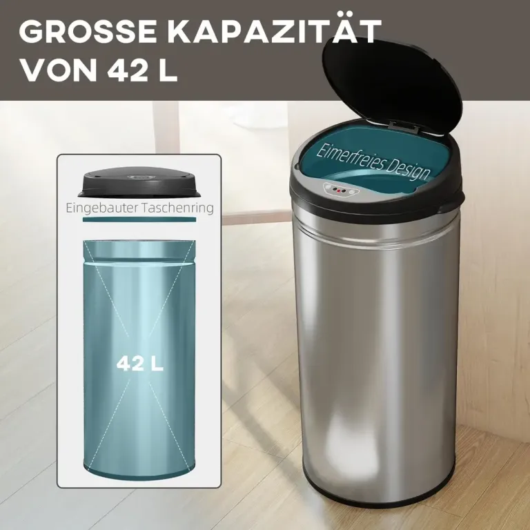 Sensorstyrd Papperskorg 42 l i Rostfritt Stål, Silver Soptunna Lock