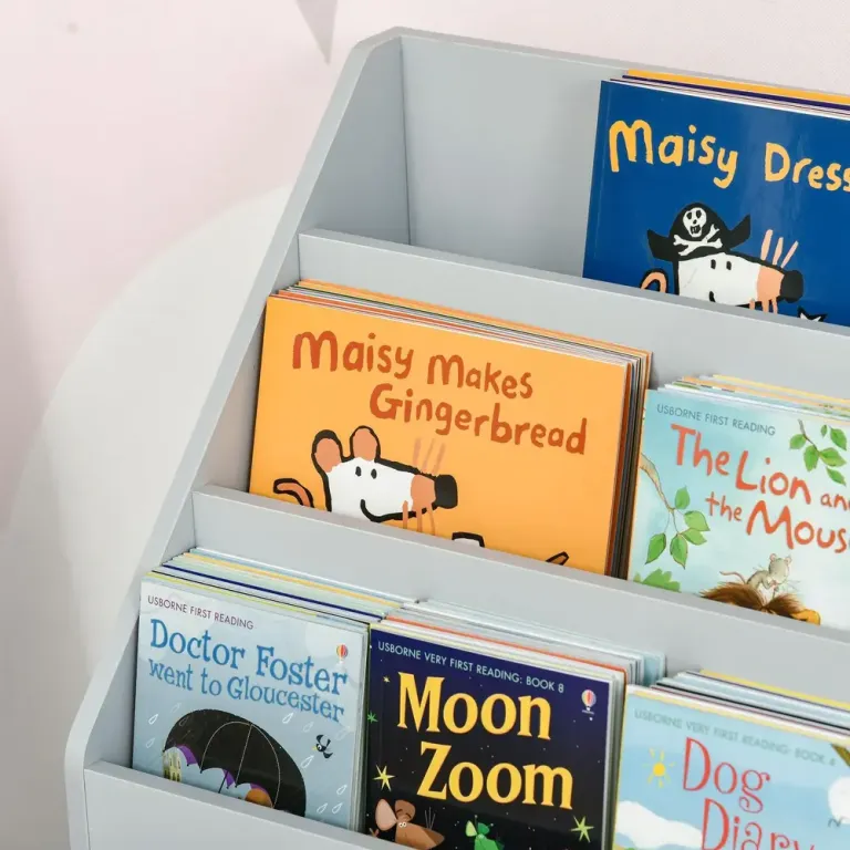 Barnhylla med Låda Bokhylla med Fack Grå Barnbokhylla Förvaring Hjul