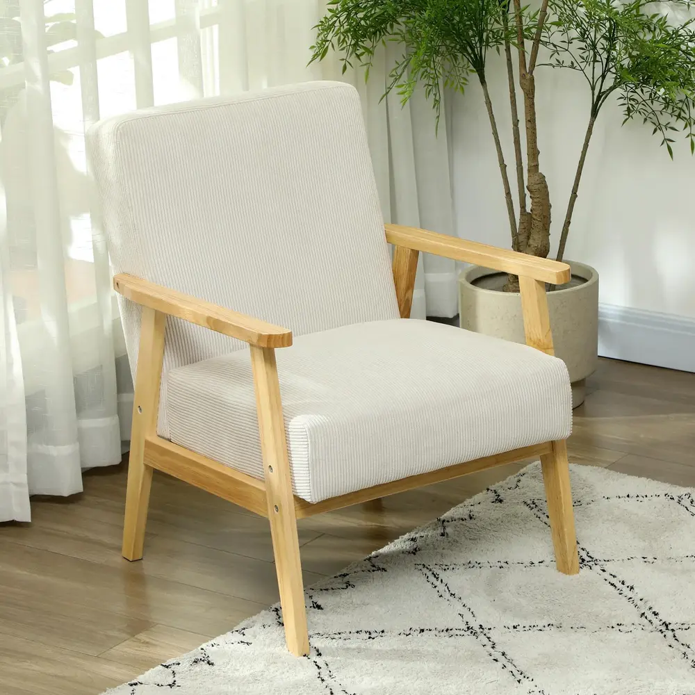 Fåtölj Relaxstol Krämvit av Tyg med Manchesterlook och Trä