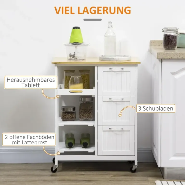 Köksö & Rullbar Serveringsvagn med Lådor Vit 67 x 37 x 84 cm