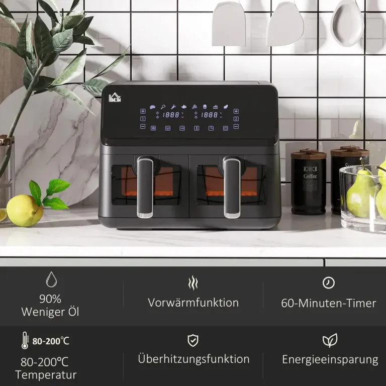 Air Fryer 2 x 4 l Frityrkorgar 8 38,5 x 38 x 30,5 cm, Svart