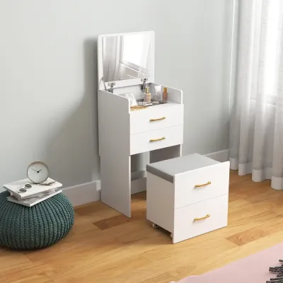 3-i-1 Sminkbord med Spegel Sängbord och Rullande Pall Förvaring