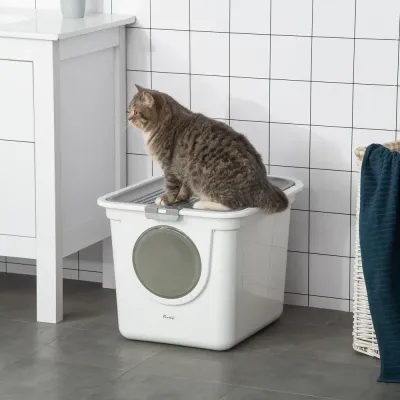 Kattlåda med Två Öppningar och Spade, Vit och Grå
