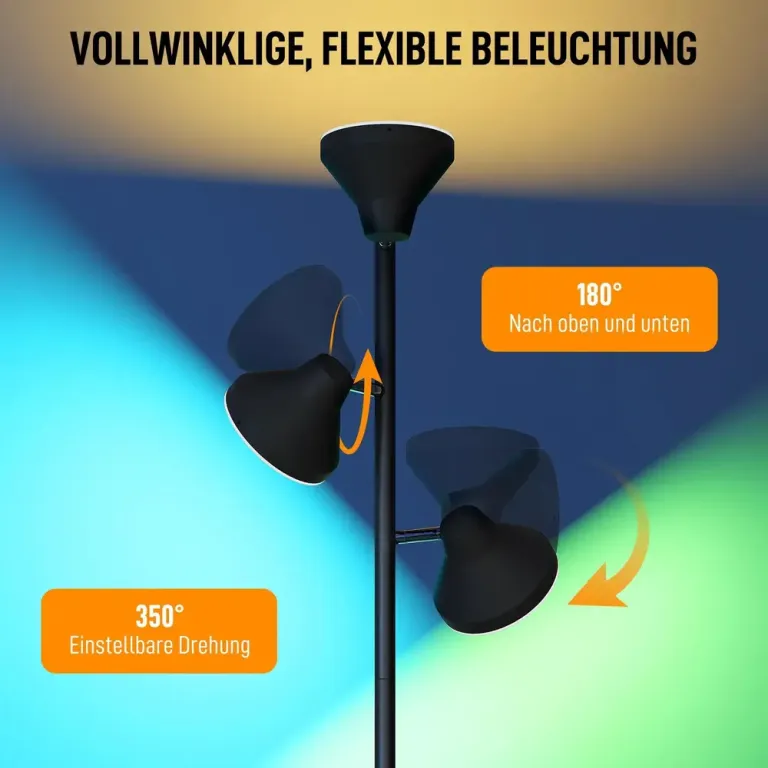 Golvlampa Dimbar Svart Metall 3 Roterbara Huvuden RGB Justerbara