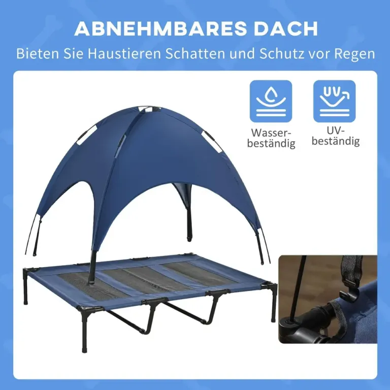 Upphöjd Hundbädd med Soltak Mörkblå 122 cm Hundsäng Vikbar