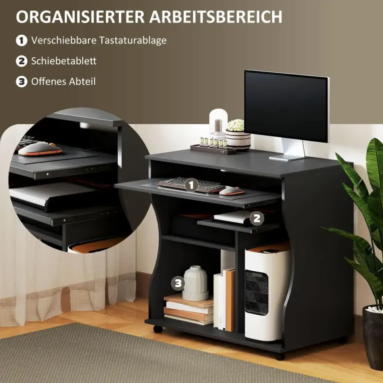 Skrivbord Datorbord med Hjul Svart av Trä Rullbart Kompakt Design