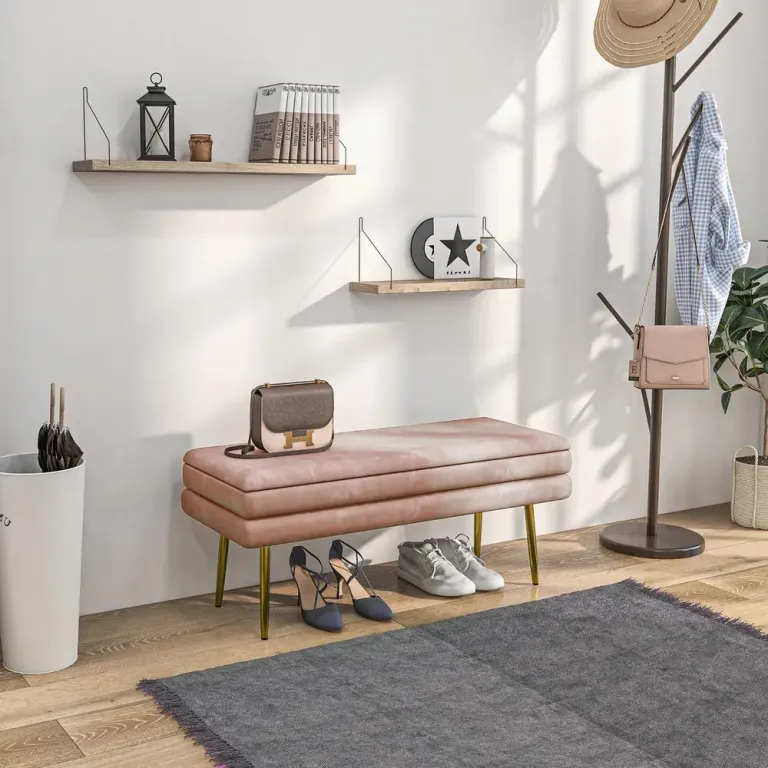 Stoppad Förvaringsbänk Stål Rosa Sittbänk Sängbänk Förvaringsutrymme