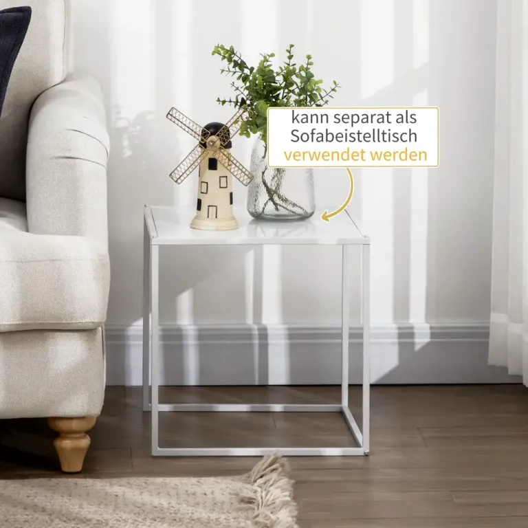 Soffbord Vit av Stål och Trä Set om 2 Fyrkantiga Modern Design
