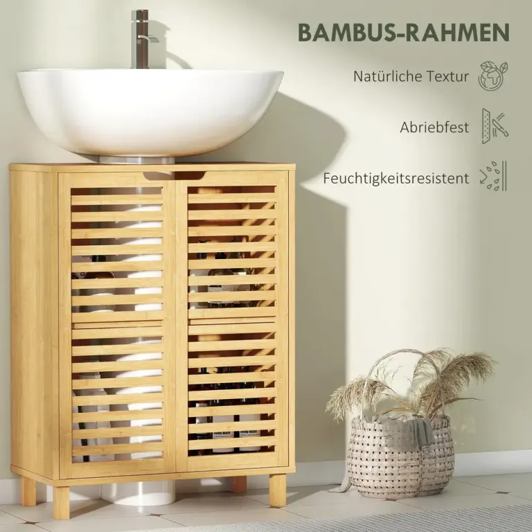 Badrumsskåp Högskåp med Dörrar och Hyllplan Vit 60 cm Natur Bambu