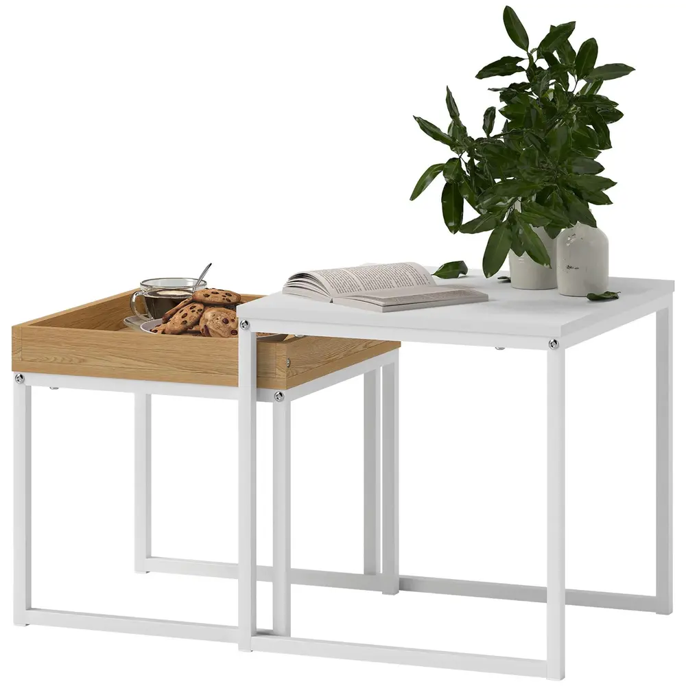 Modernt Soffbord Set med 2 Fyrkantigt MDF och Metall Vit