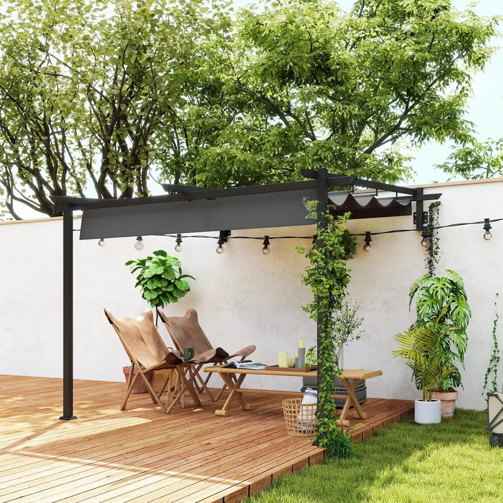 Terrasstak Pergola med Väggfäste Mörkgrå 3 x 3 m