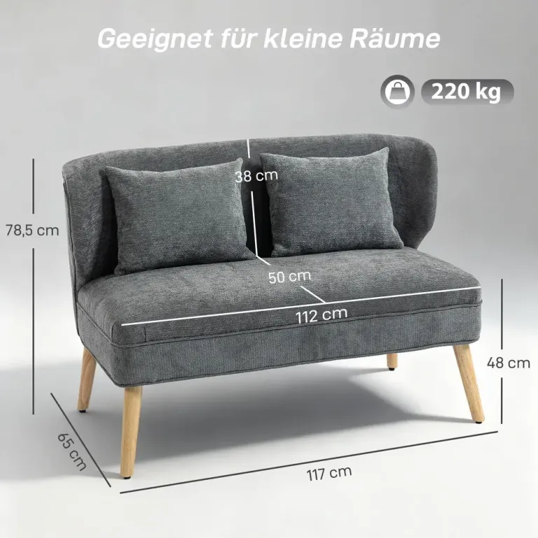 Soffa Grå Chenille och Trä Liten med Hög Rygg 2-Sits Tvåsitssoffa