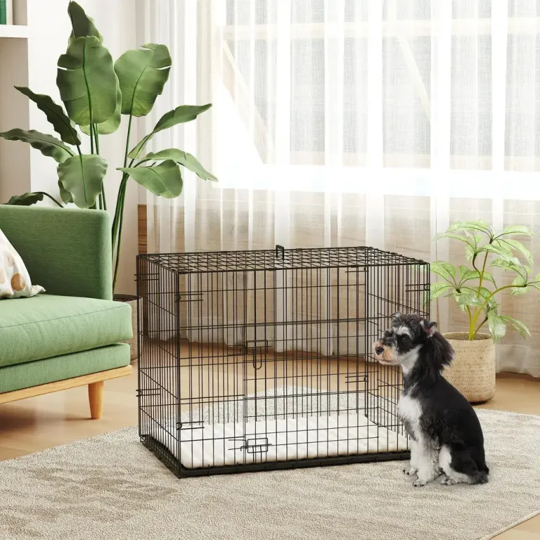 Hundbur Hopfällbar 2 Dörrar Metall Svart