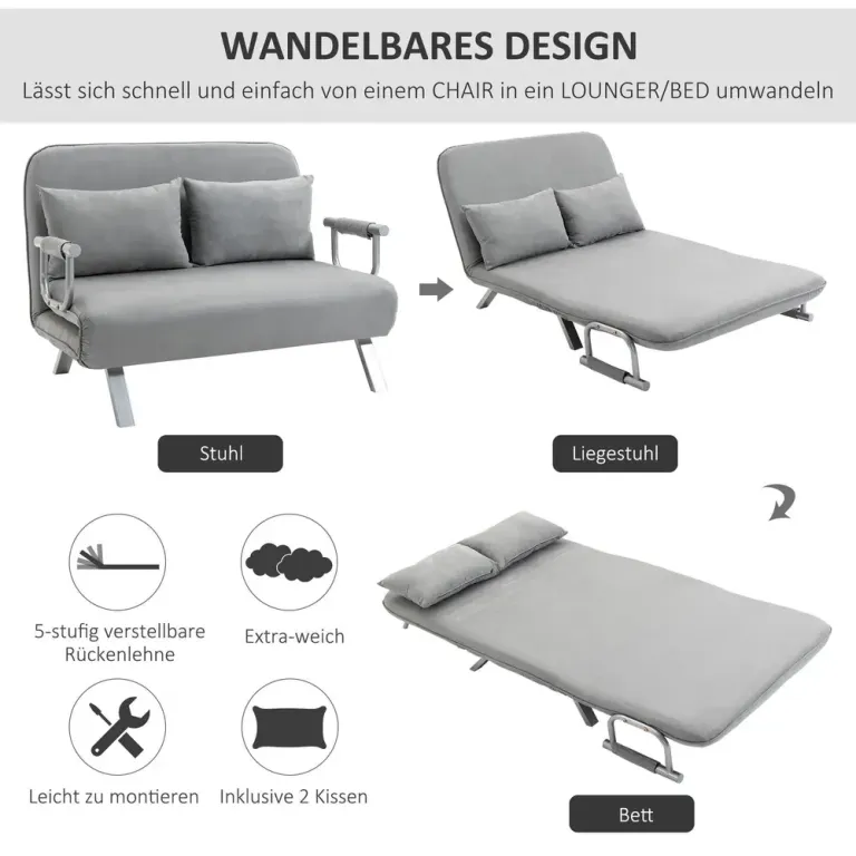 Bäddsoffa 2-Sits Dubbelsoffa med Kuddar Gästsäng Grå