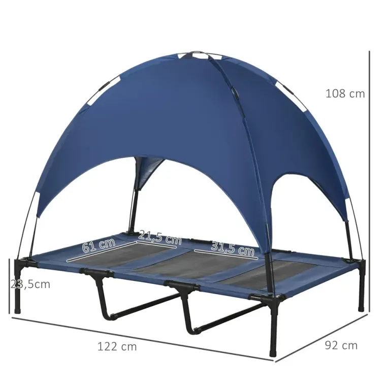 Upphöjd Hundbädd med Soltak Mörkblå 122 cm Hundsäng Vikbar