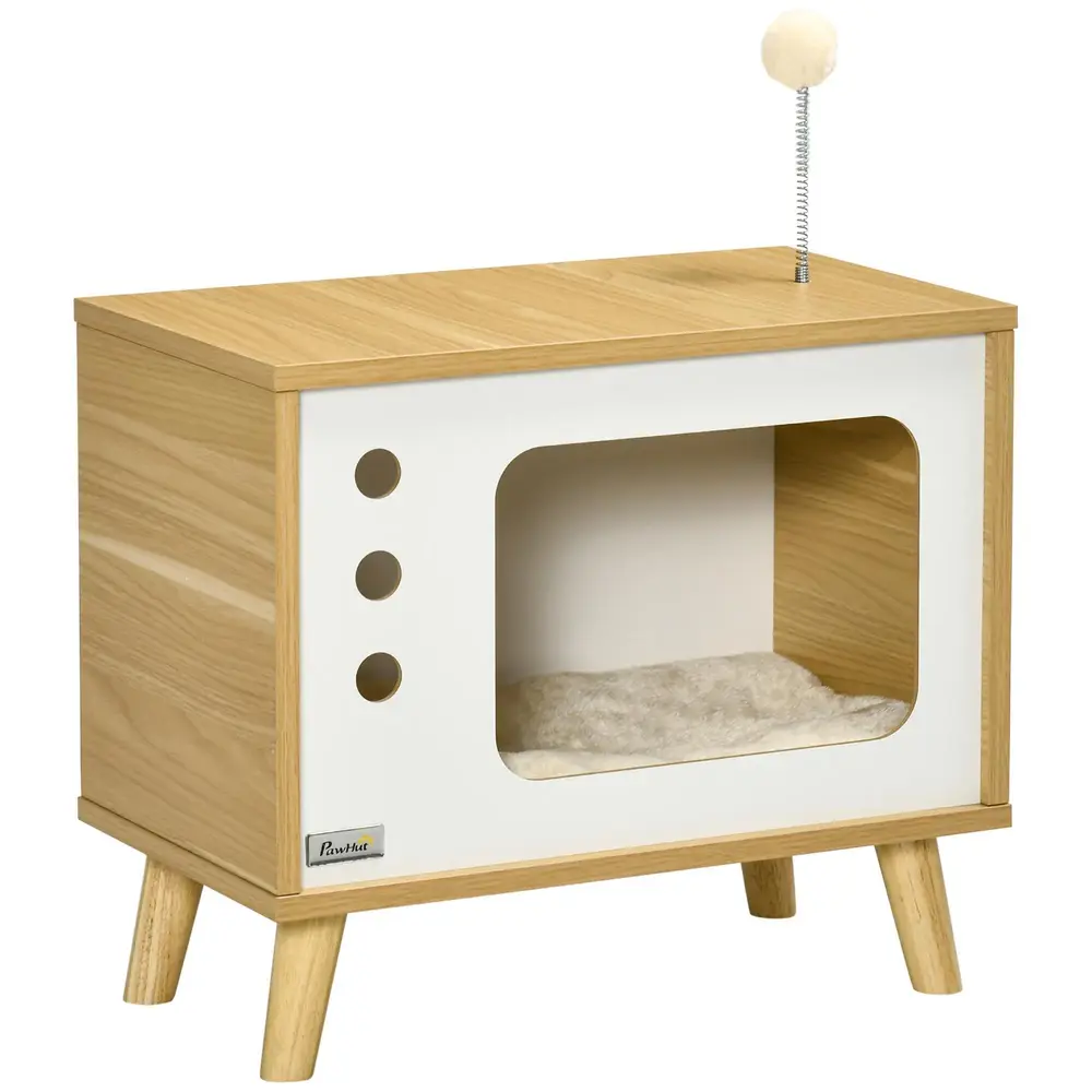 Katthus i TV- Retro Kattkorg med Lekboll 50 x 28 x 43 Cm