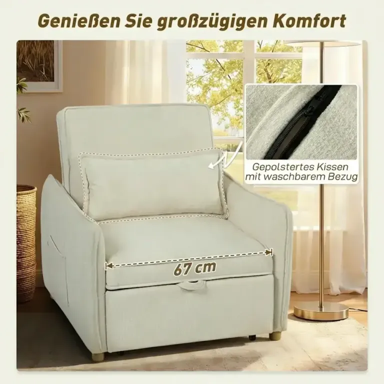 Bäddfåtölj 3 i 1 Gräddvit Tyg och Gäster Omvandlingsbar Creme