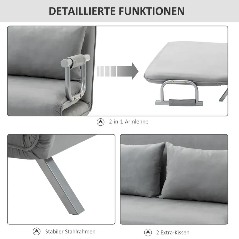 Bäddsoffa 2-Sits Dubbelsoffa med Kuddar Gästsäng Grå