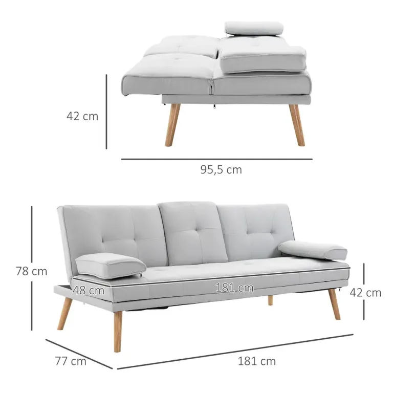 Bäddsoffa Linnetyg 3-Sits Soffa som Bäddas Fällbart Ryggstöd Ljusgrå