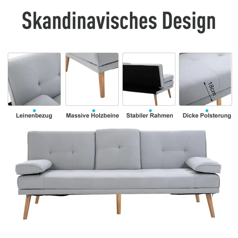 Bäddsoffa Linnetyg 3-Sits Soffa som Bäddas Fällbart Ryggstöd Ljusgrå