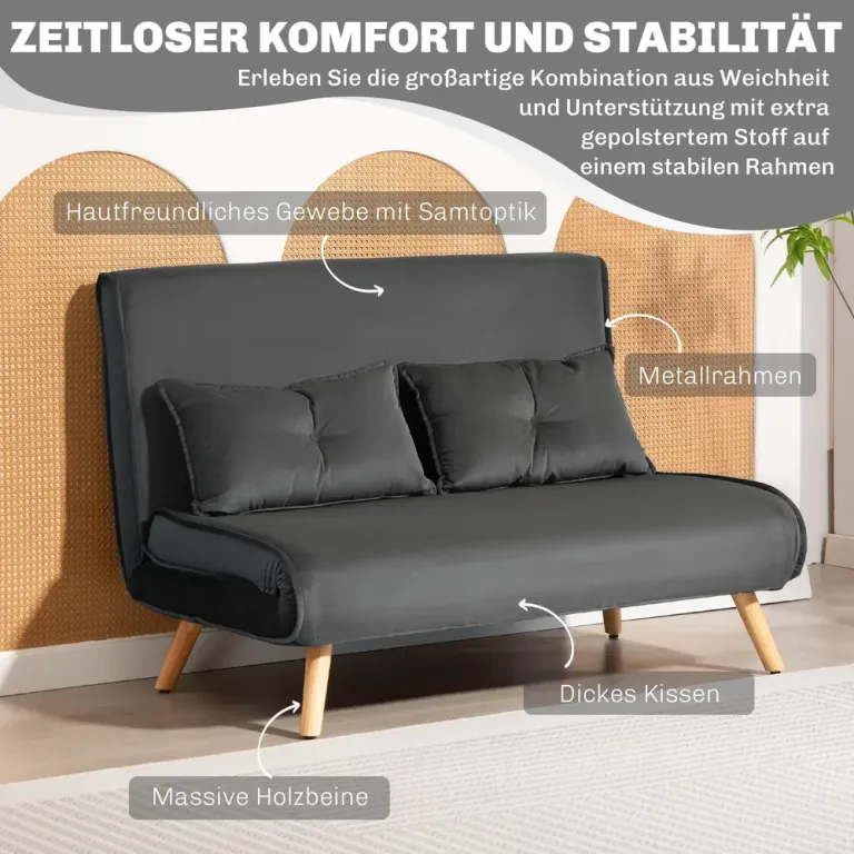 Bäddsoffa med Ryggstöd Tygklädsel och Metallram Grå 2-Sits Sammet